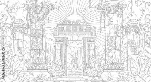 Intricate Ancient Temple Ruins Line Art Illustration with Overgrown Jungle Vines and Mystical Sunburst. Fantasy Coloring Page.