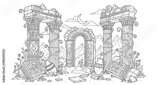 Ancient fantasy ruins vector line art drawing. Mystical forgotten temple architecture, columns, and archways with vines under a crescent moon.