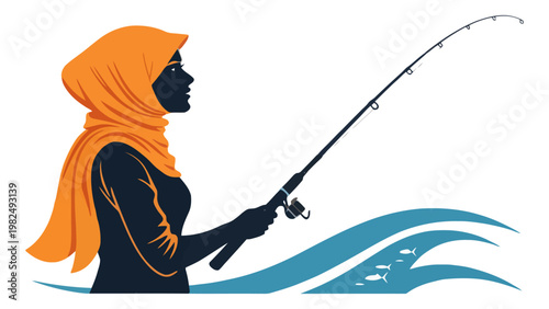 A vector graphic illustration of a woman wearing a hijab fishing with a rod