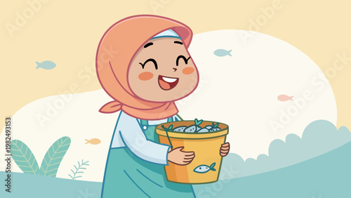 A smiling woman wearing a hijab holding a bucket of fish in a colorful illustration