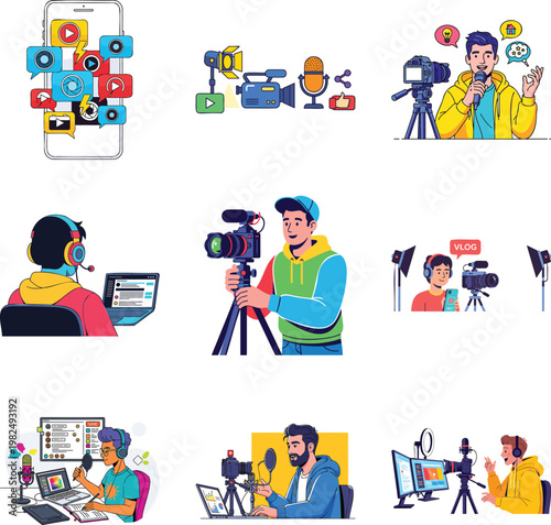 Set of flat depicting creators and vloggers msea set production influencer