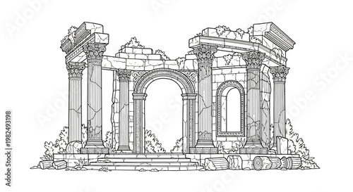 Detailed line art illustration of ancient architectural ruins, featuring crumbling stone columns, arches, and a historical temple structure outline.