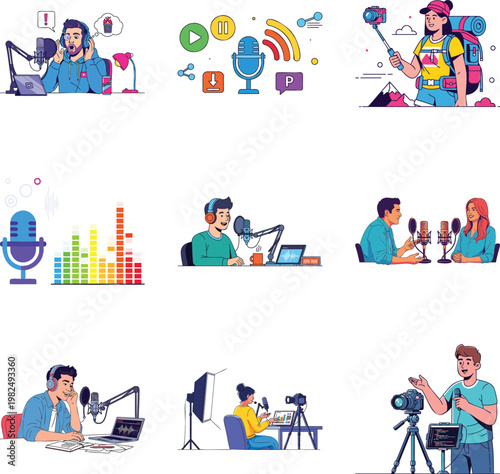 Set of flat featuring podcasters and creators msea set podcasting