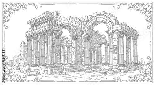 Intricate Line Art Drawing of Ancient Ruins, Classical Temple Architecture with Crumbling Columns and Grand Arches, Historical Illustration