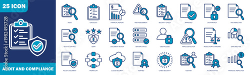 Audit And Compliance Icon Set Collection In Blue Style. Icon Set Consist Of Data Privacy, Gdpr, Cyber Security, And Regulatory Standards Icons For Business And Corporate Use.