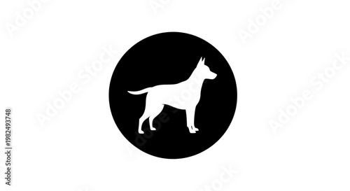 Minimalist silhouette icon of a dog standing inside a black circle.