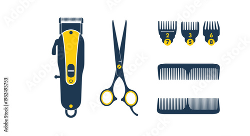 Barber Tools Set: Clippers, Scissors, Combs, and Guards - Clean Vector Illustration