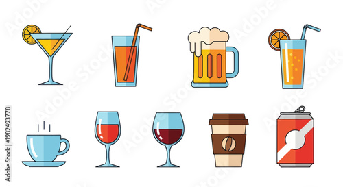 Collection of colorful flat design drink icons: cocktails, beer, juice, wine, coffee, soda