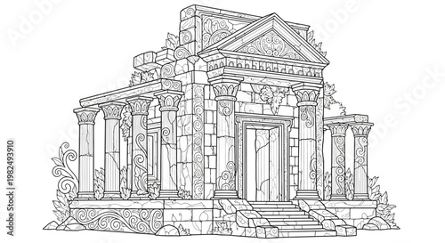 Ancient Ruined Temple Line Art Drawing. Classical Roman Greek Architecture with Pillars, Ornate Carvings, and Overgrown Foliage.
