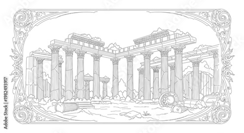 Ancient Temple Ruins Line Art Illustration, Classical Architecture with Columns, Historical Landmark Drawing, Greyscale Outline for Coloring