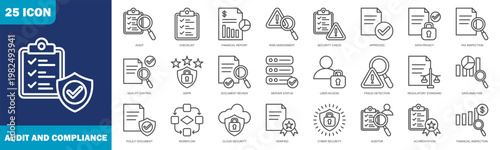 Audit And Compliance Icon Set Collection In Line Style. Icon Set Consist Of Data Privacy, Gdpr, Cyber Security, And Regulatory Standards Icons For Business And Corporate Use.