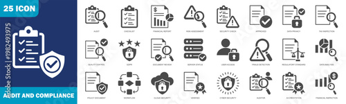 Audit And Compliance Icon Set Collection In Solid Style. Icon Set Consist Of Data Privacy, Gdpr, Cyber Security, And Regulatory Standards Icons For Business And Corporate Use.