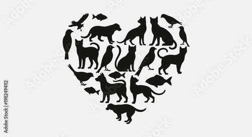 Heart shape composition made of various pet animal silhouettes.