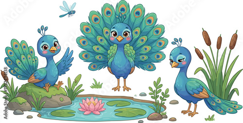 Cute Cartoon Peacock Characters Displaying Feathers Near Pond with Water Lily, Dragonfly, and Reeds in Whimsical Nature Wildlife Illustration for Kids Design