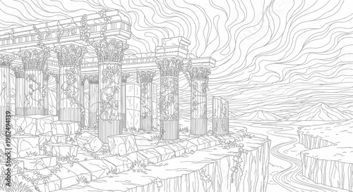 Detailed line art illustration of ancient temple ruins on a cliff, overlooking a vast fantasy landscape with mountains and an epic sky.