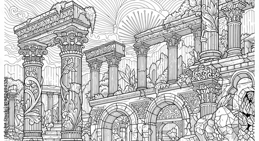 Obraz premium Detailed Line Art Illustration of Ancient Classical Ruins with Crumbling Columns and Arches, for Adult Coloring Books