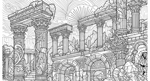 Detailed Line Art Illustration of Ancient Classical Ruins with Crumbling Columns and Arches, for Adult Coloring Books