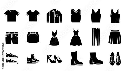 Clothing and footwear icon collection vector fashion garments set isolated on white background