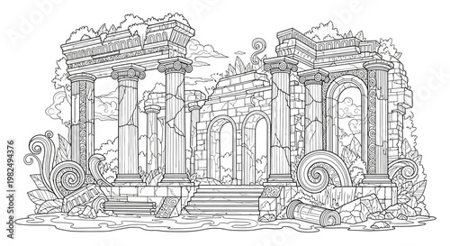 Detailed line art illustration of ancient crumbling ruins with columns and arches, historical fantasy architecture, monochrome coloring book page