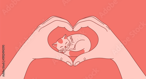 Hands forming a heart shape around a cute sleeping kitten.
