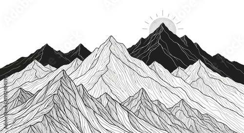 Abstract black and white mountain range illustration with sun, hand-drawn minimalist nature landscape art, peaks and valleys graphic.