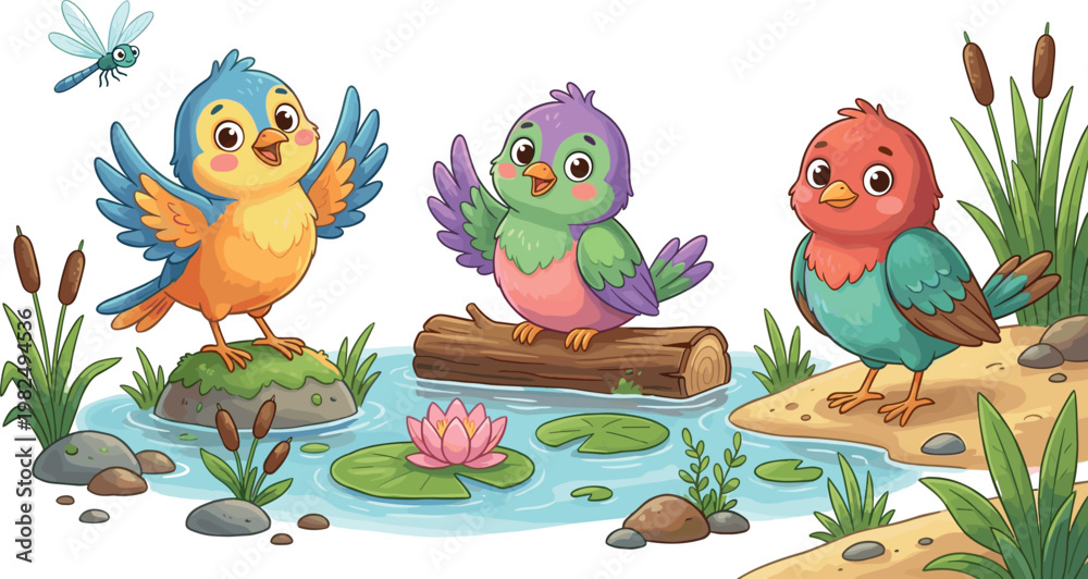 Obraz premium Cute Cartoon Birds Perched Near Pond with Water Lily, Dragonfly, and Reeds in Whimsical Nature Wildlife Illustration for Kids Design