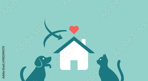 Illustration of a dog and cat looking at a house with a heart icon.
