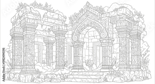 Detailed ancient ruin line art illustration, overgrown temple architecture outline, fantasy historical building for coloring book.
