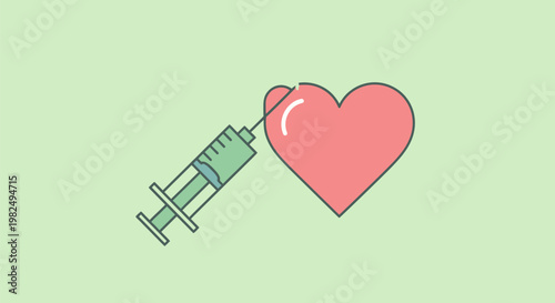 Medical syringe injecting a pink heart symbol illustration.