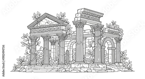 Detailed line art illustration of ancient classical temple ruins with broken columns, arches, and overgrown foliage, isolated on white background