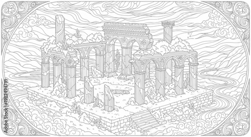 Intricate Monochrome Line Art Illustration of Ancient Ruined Temple or Castle with Columns and Arches in a Fantasy Landscape
