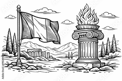Detailed line art illustration of the Italian flag waving next to an ancient ionic pillar with a burning flame, featuring classical ruins, cypress trees, and mountains in a scenic landscape.