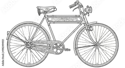 Detailed line art vector illustration of a vintage classic bicycle. Retro style drawing of an antique bike, representing historical transport and cycling.