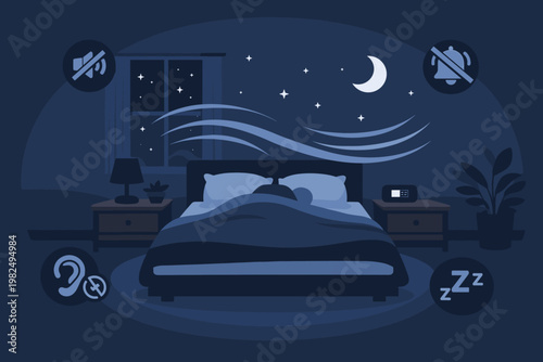 Illustration of an optimized sleep environment for better sleep hygiene featuring a quiet dark bedroom with stars moon airflow lines for ventilation and icons for silence and restful slumber.