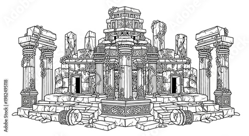 Detailed line art illustration of ancient stone temple ruins, depicting crumbling pillars, arches, and overgrown architecture, historical fantasy scene.
