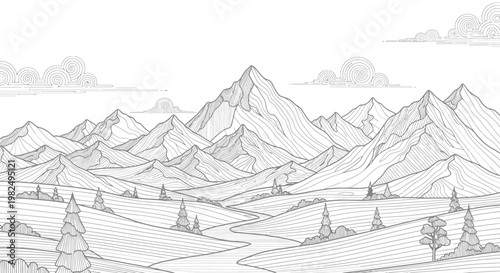 Detailed Grayscale Mountain Landscape Illustration with Peaks, Valleys, Fields, and Winding River. Hand-Drawn Line Art.