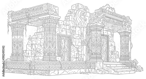 Detailed line art illustration of ancient temple ruins with ornate carvings, crumbling stone, and forgotten classical architecture