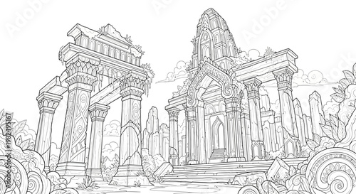 Ornate Ancient Ruins Line Art Drawing with Crumbling Temple and Archway. Detailed Historical Architecture Sketch.