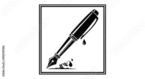 Stylized Black and White Fountain Pen Illustration with Ink Drop and Splatter for Writing, Education, and Art Concepts