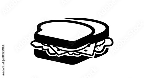 Minimalist black and white vector icon of a classic sandwich with bread, cheese, and lettuce, suitable for menus or web design.
