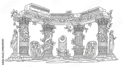 Ancient Temple Ruins with Classical Columns and Overgrown Vines. Fantasy Landscape Line Art Illustration, Mythological Architecture.