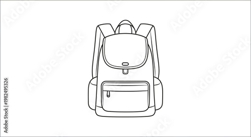 Detailed line art illustration of a classic backpack. Outline drawing of a rucksack, school bag, or travel bag icon. Minimalist vector graphic.