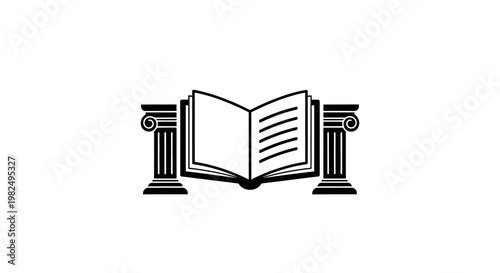 Open book between classical columns symbolizing education, law, wisdom, and knowledge. A historical learning icon.