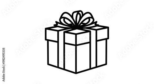Elegant Line Art Gift Box Icon with Ribbon and Bow. Simple Outline Drawing of a Present for Celebration and Special Occasions.