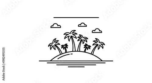 Minimalist line art illustration of a tropical island with palm trees, ocean, and clouds, perfect for travel and vacation concepts.