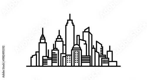 Minimalist black line art illustration of a modern city skyline with various urban buildings and skyscrapers on a white background