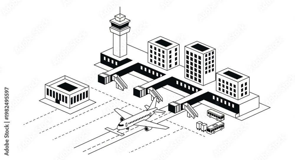 Fototapeta premium Modern Airport Terminal Building with Control Tower and Airplane.