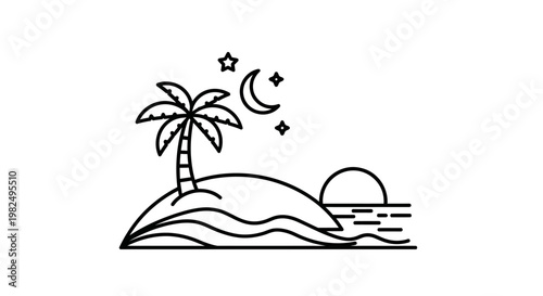 Minimalistic line art illustration of a tropical island with palm tree, sun, moon, and stars over the ocean at sunset or night