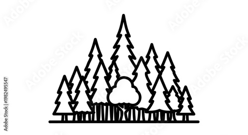 Minimalist black and white outline illustration of a dense forest with various evergreen and deciduous trees, symbolizing nature and wilderness.