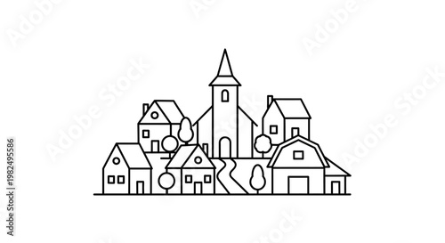Minimalist Line Art Village Illustration with Houses, Church, Barn, and Trees on White Background, Rural Community Concept